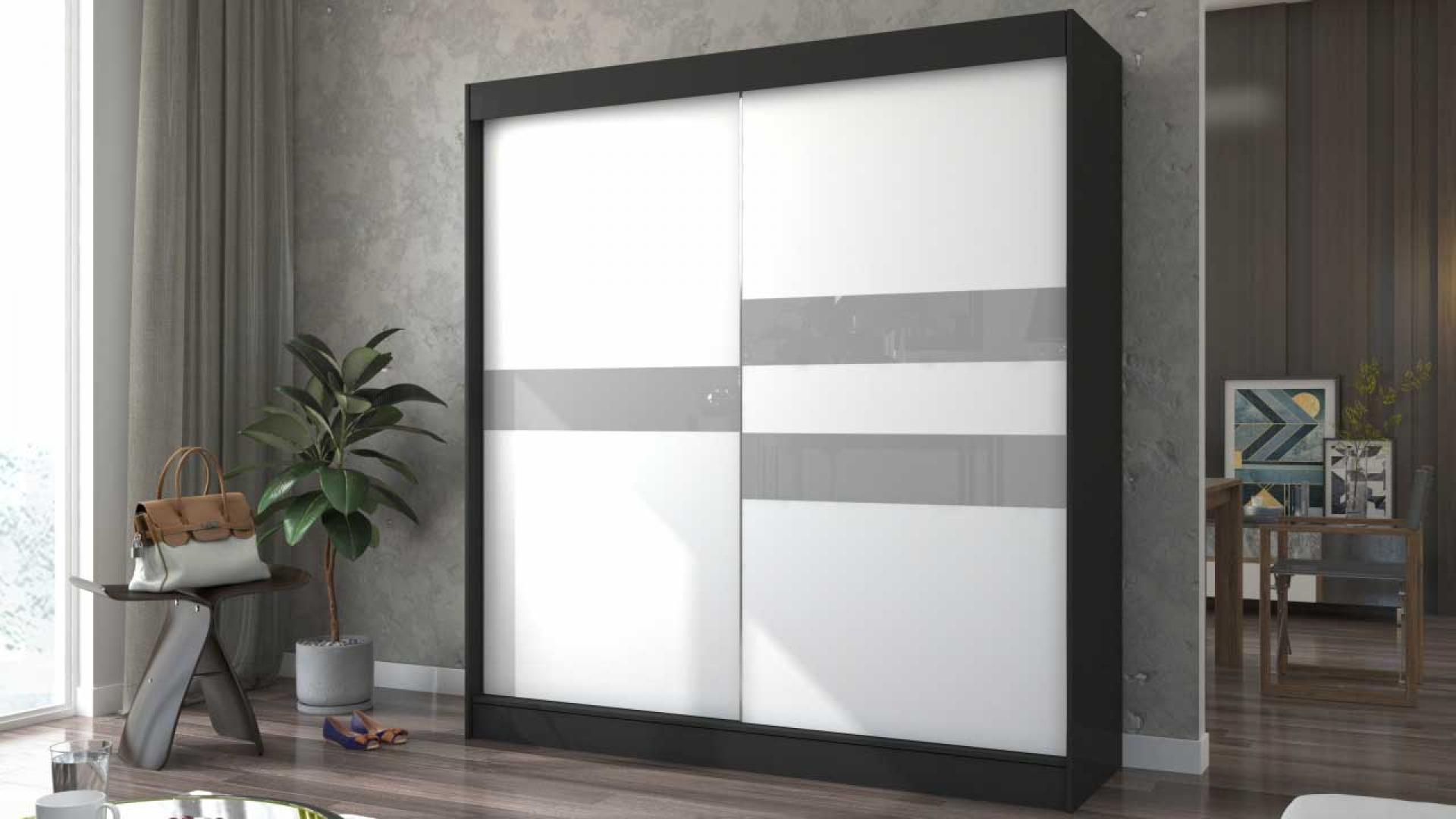 A tolóajtós gardróbszekrény meghatározó eleme a térnek