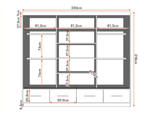 Akciós Florence 250 cm gardróbszekrény +ingyenes kiszállítás RR